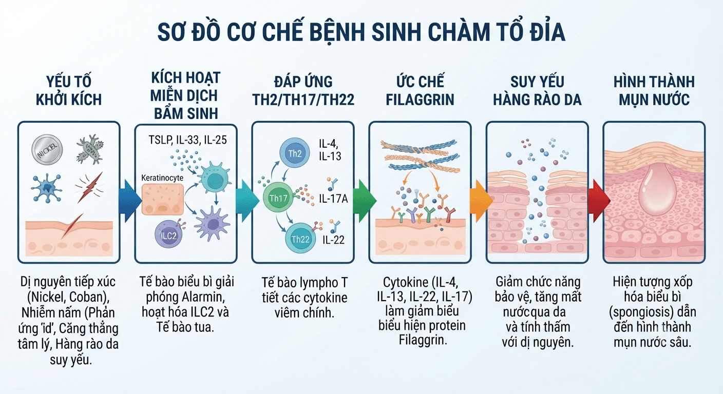 Sơ đồ cơ chế bệnh sinh chàm tổ đỉa qua các cytokine viêm Th2 Th17