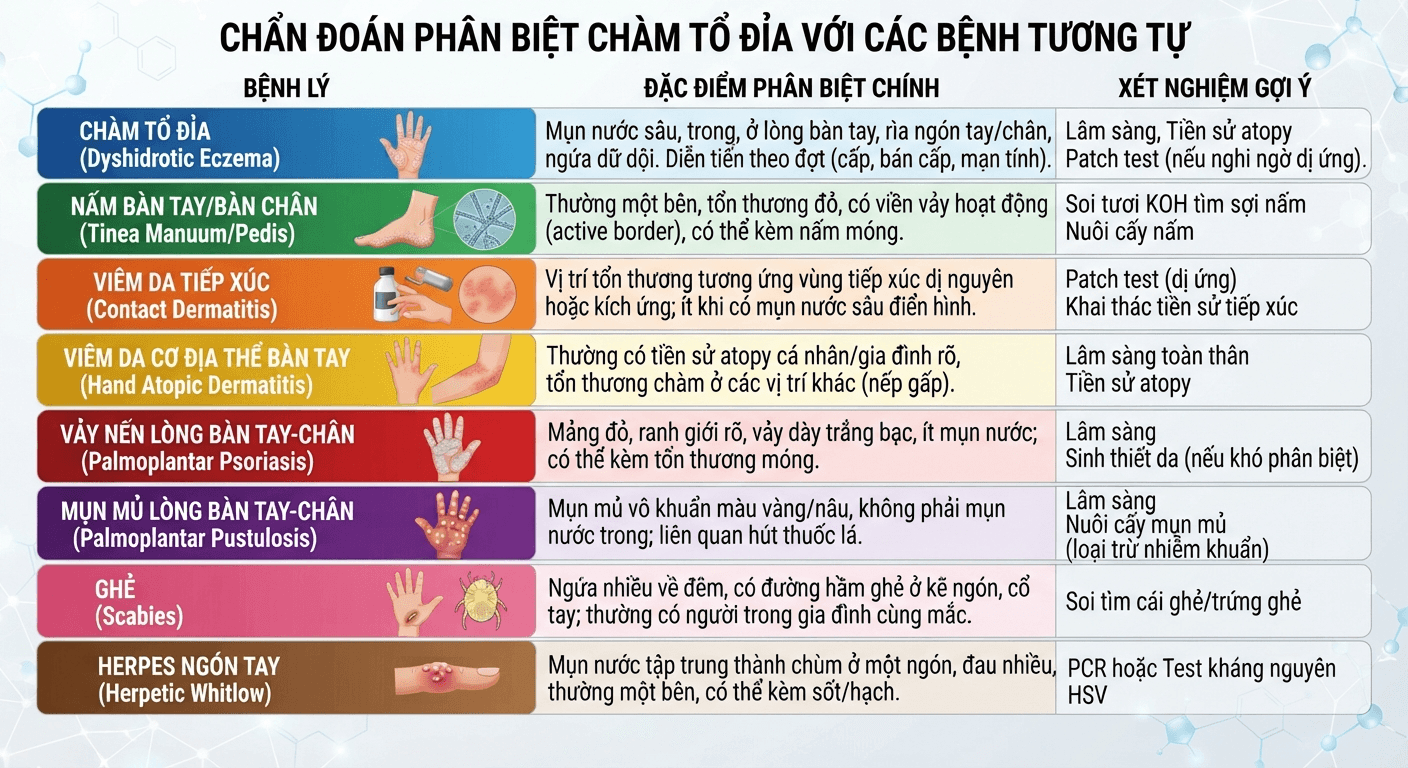 Bảng so sánh chẩn đoán phân biệt chàm tổ đỉa với nấm da, vảy nến, viêm da tiếp xúc