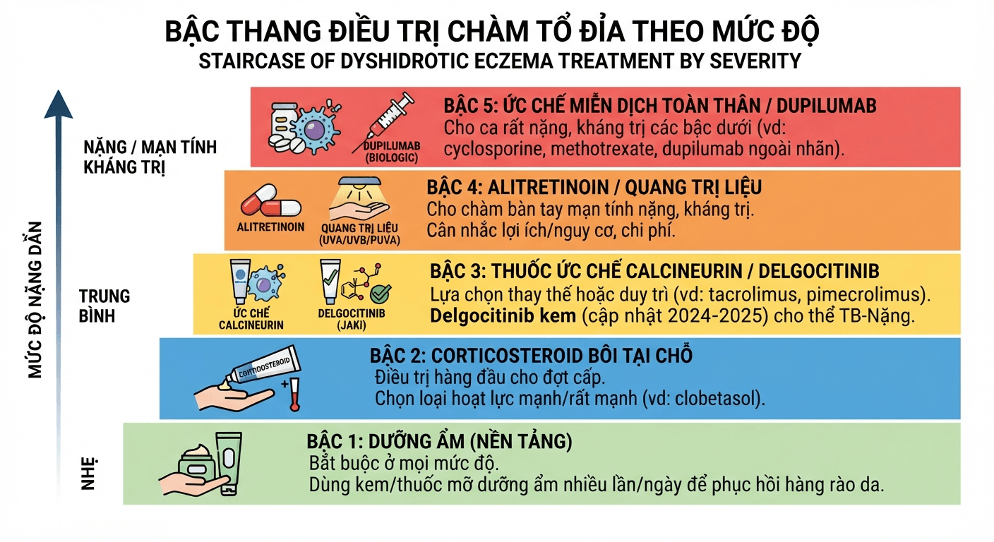 Bậc thang điều trị chàm tổ đỉa theo mức độ nặng
