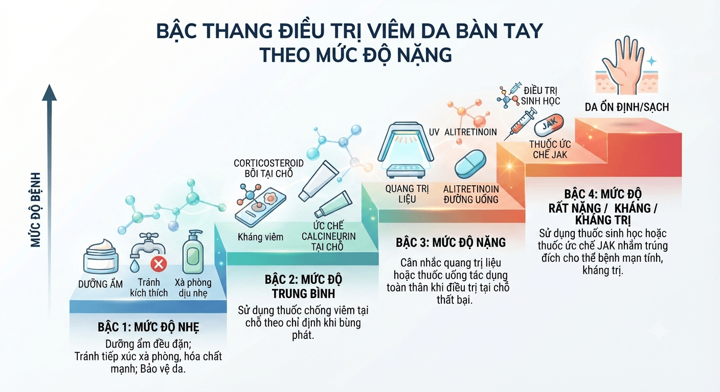 "Bậc thang điều trị viêm da bàn tay theo mức độ nặng"