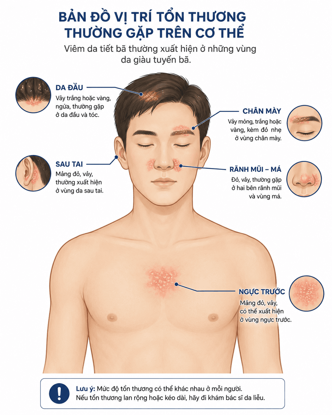 Bản đồ các vị trí thường gặp của viêm da tiết bã trên cơ thể gồm da đầu, mặt, sau tai và ngực.