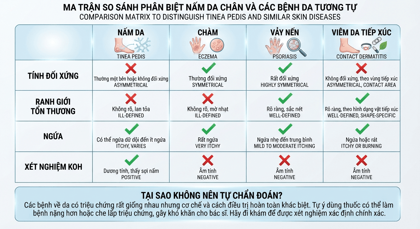 So sánh nấm da chân với chàm, vảy nến, viêm da tiếp xúc