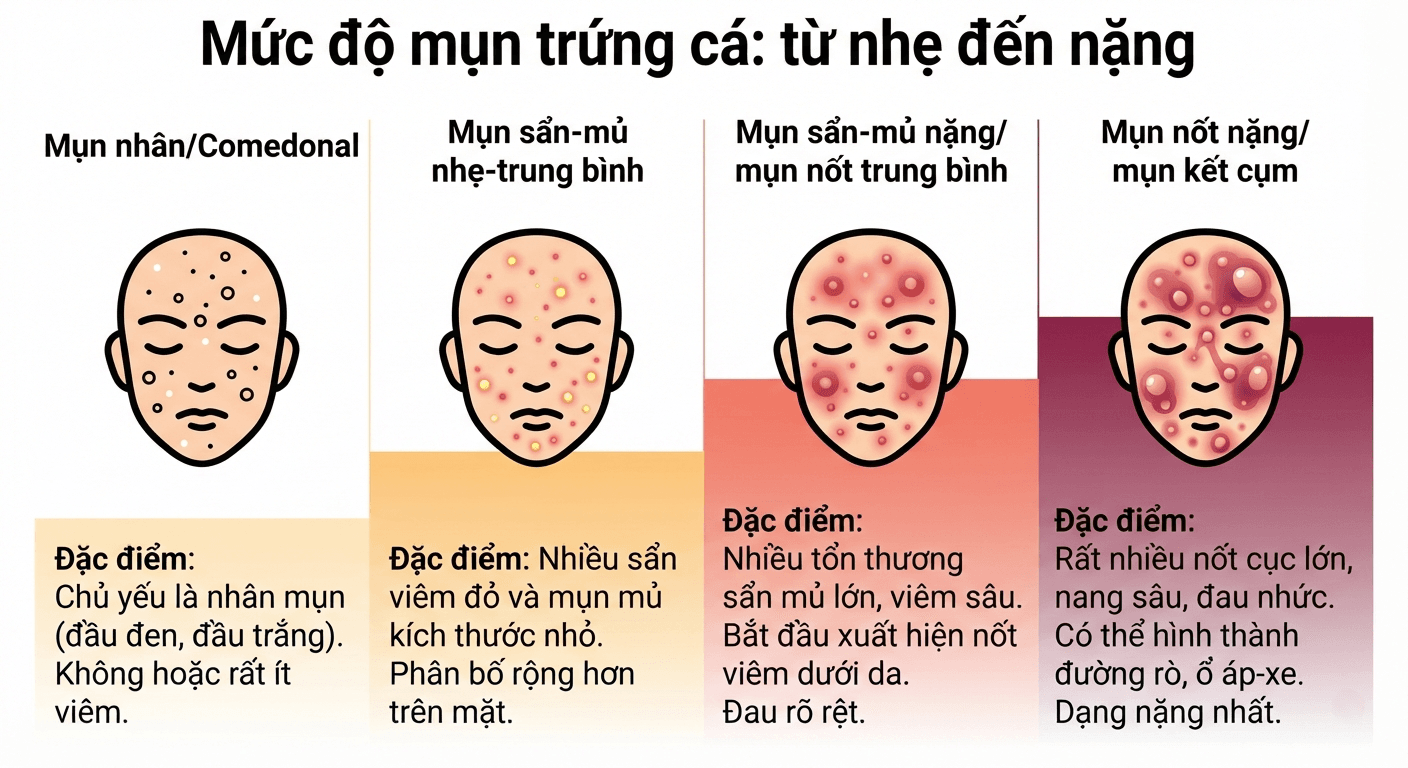 Infographic phân loại bốn mức độ mụn trứng cá từ nhẹ đến nặng theo guideline da liễu