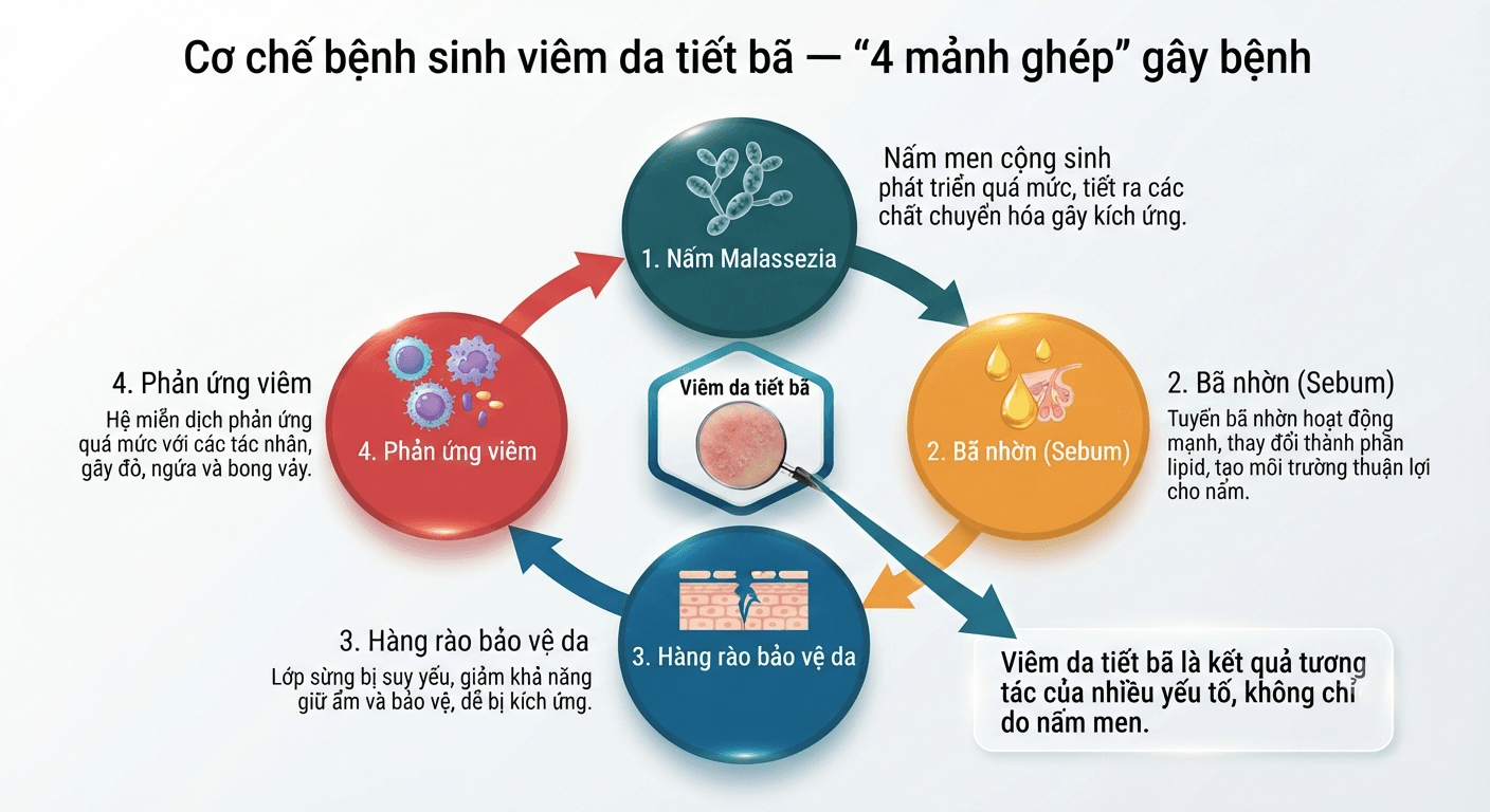 Sơ đồ 4 yếu tố gây viêm da tiết bã gồm nấm Malassezia, bã nhờn, hàng rào da và phản ứng viêm.