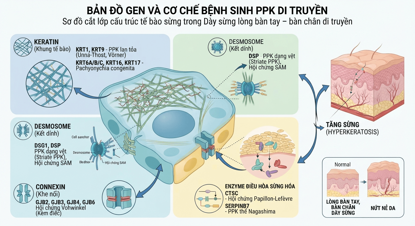 Sơ đồ minh họa các gen keratin, desmosome, connexin liên quan cơ chế bệnh sinh dày sừng lòng bàn tay bàn chân di truyền