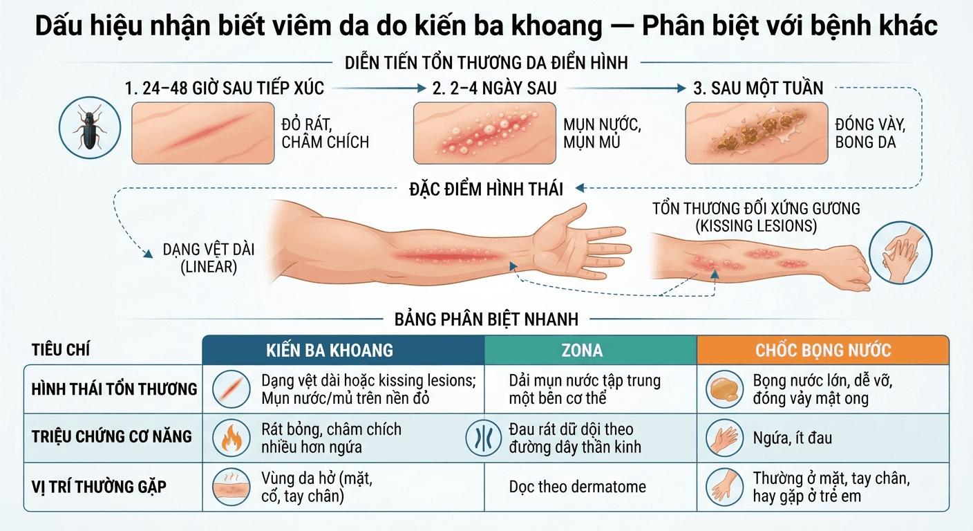 "Dấu hiệu nhận biết viêm da do kiến ba khoang — Phân biệt với bệnh khác"