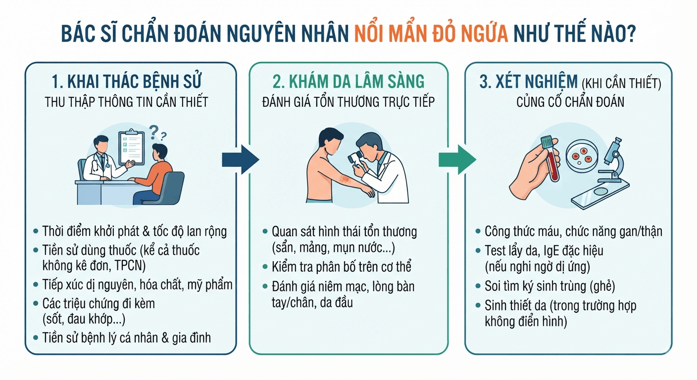 "Bác sĩ chẩn đoán nguyên nhân nổi mẩn đỏ ngứa như thế nào?"
