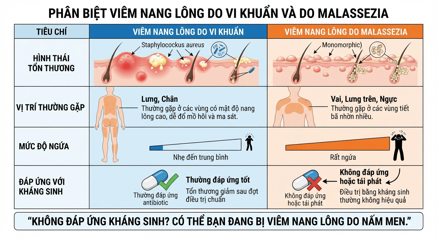 Phân biệt viêm nang lông do vi khuẩn và do Malassezia