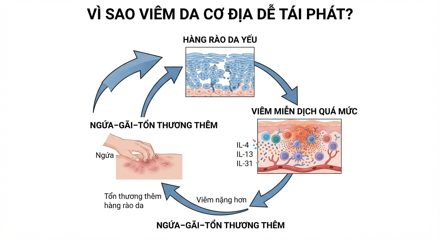 "Vòng xoắn bệnh sinh viêm da cơ địa: hàng rào da, viêm, ngứa gãi".