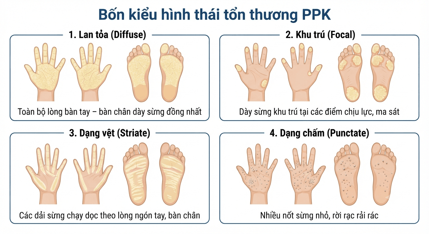 Bốn kiểu hình thái dày sừng lòng bàn tay bàn chân: lan tỏa, khu trú, dạng vệt, dạng chấm