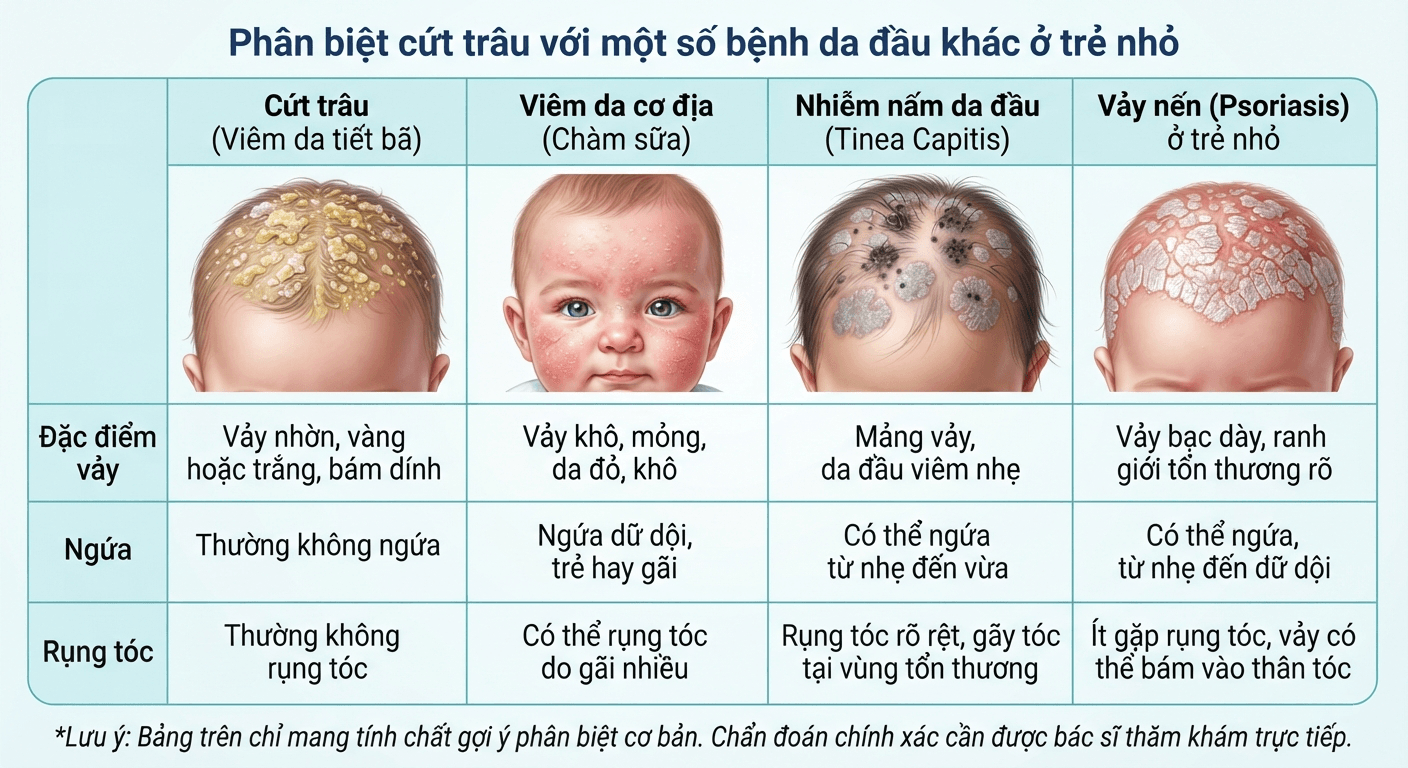 So sánh cứt trâu với viêm da cơ địa và nhiễm nấm da đầu ở trẻ