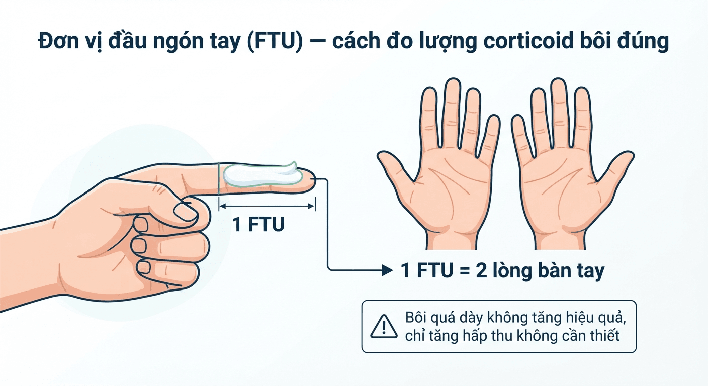 Minh họa đơn vị đầu ngón tay (FTU) hướng dẫn lượng corticoid bôi da đúng cách