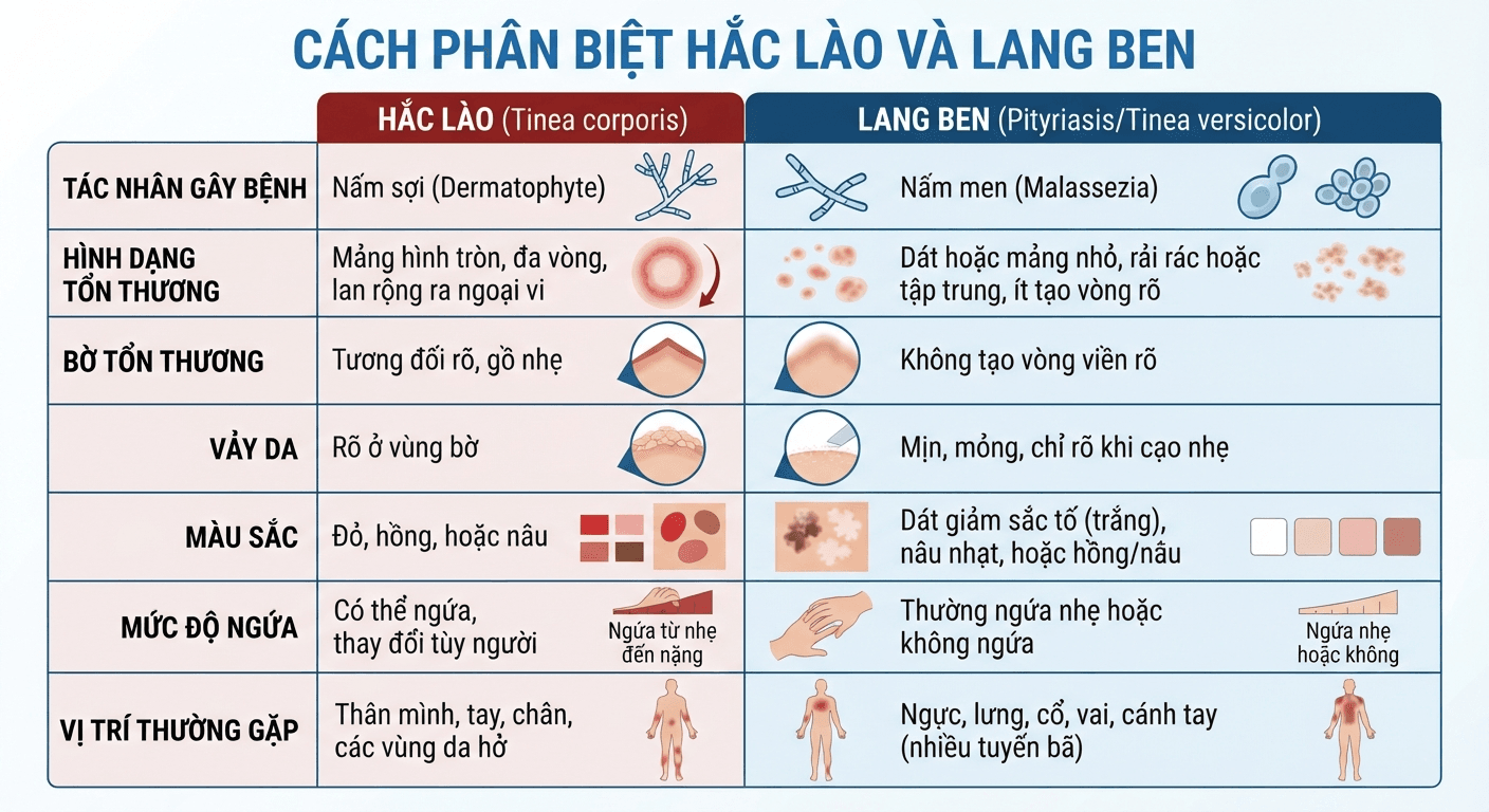 Infographic phân biệt hắc lào và lang ben qua hình dạng, màu sắc, vảy da và vị trí tổn thương.