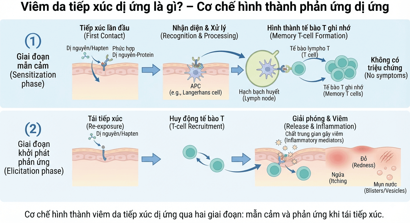 Sơ đồ cơ chế viêm da tiếp xúc dị ứng: giai đoạn mẫn cảm và giai đoạn phản ứng khi tái tiếp xúc dị nguyên