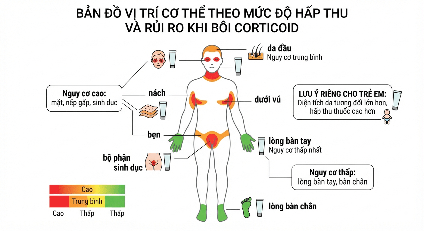Bản đồ cơ thể thể hiện mức độ nguy cơ hấp thu corticoid theo từng vùng da