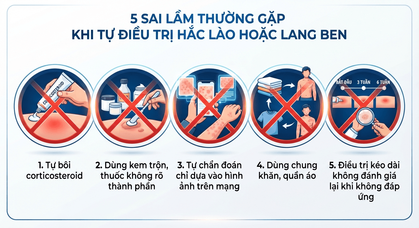 Infographic cảnh báo 5 sai lầm khi tự điều trị hắc lào hoặc lang ben.