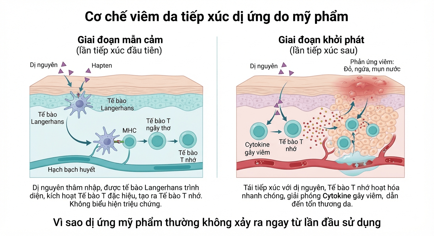 cơ chế dị ứng tiếp xúc mỹ phẩm giai đoạn mẫn cảm và khởi phát