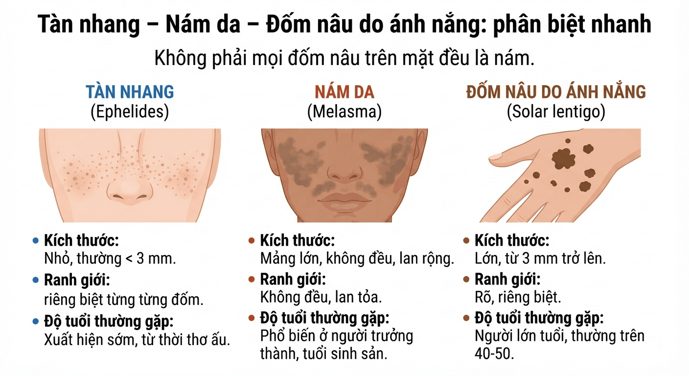 ● Phân biệt tàn nhang, nám da và đốm nâu do ánh nắng