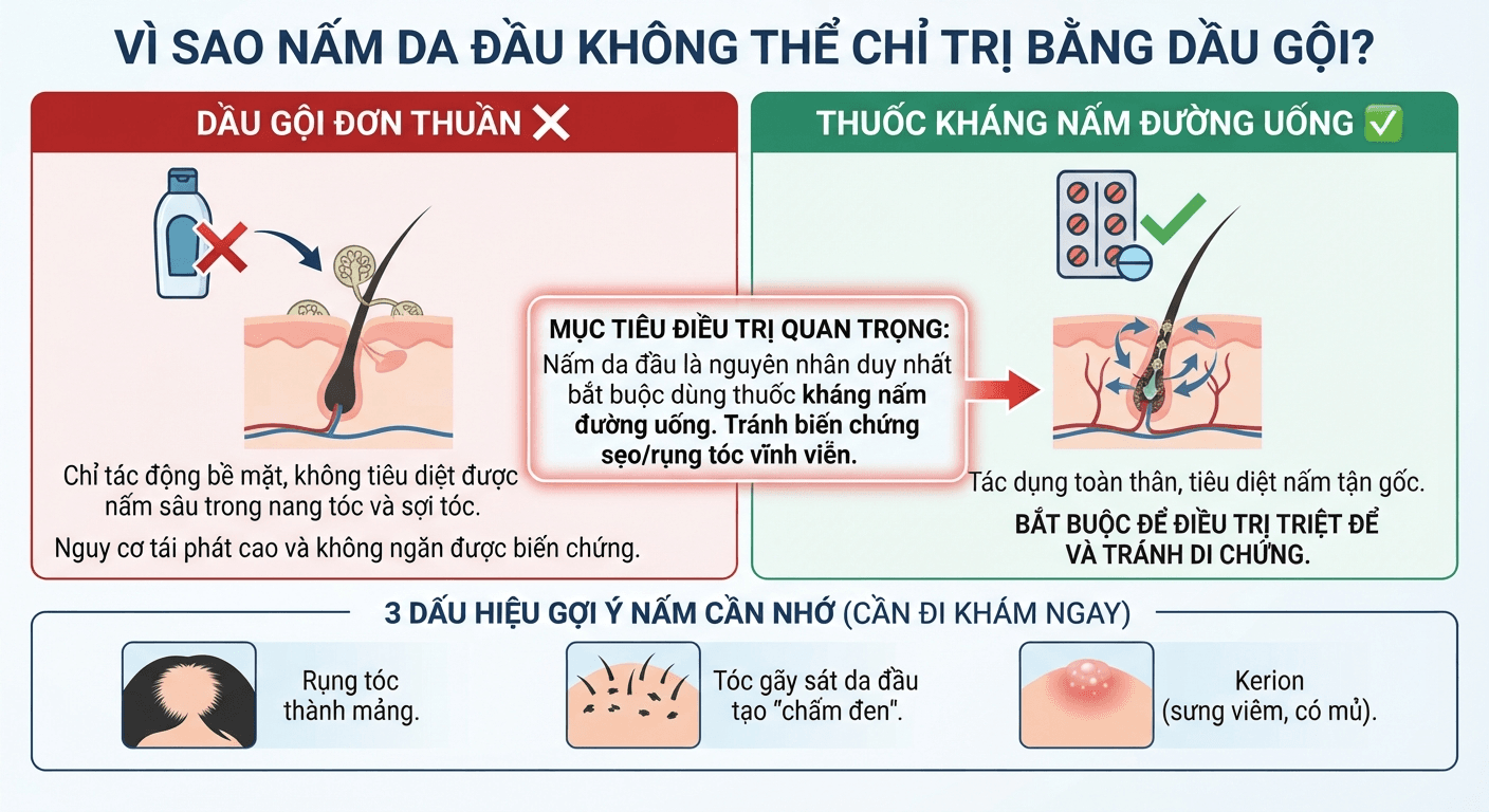 "Vì sao nấm da đầu không thể chỉ trị bằng dầu gội?"
