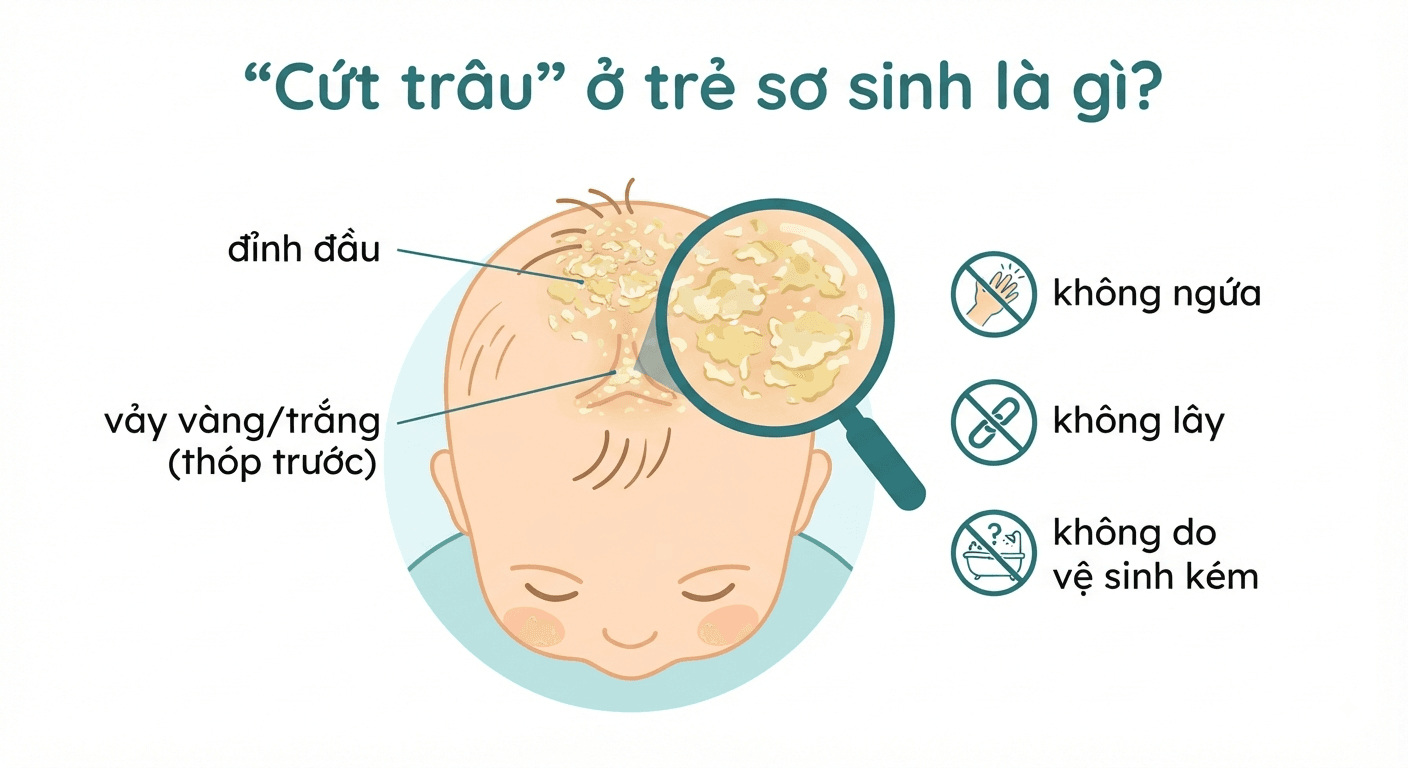 Hình minh họa cứt trâu ở trẻ sơ sinh - vị trí và đặc điểm vảy da đầu