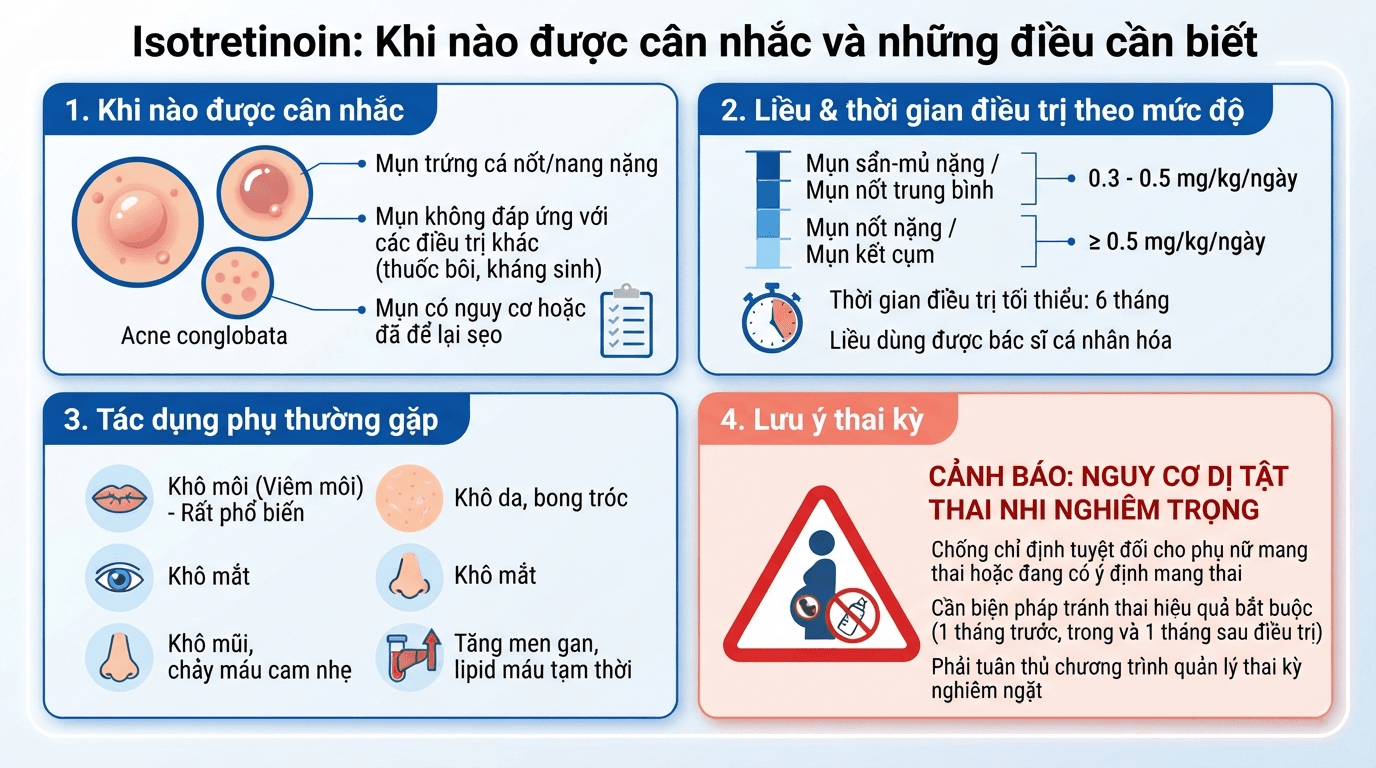 Infographic tổng quan isotretinoin: chỉ định, liều dùng, tác dụng phụ và lưu ý thai kỳ