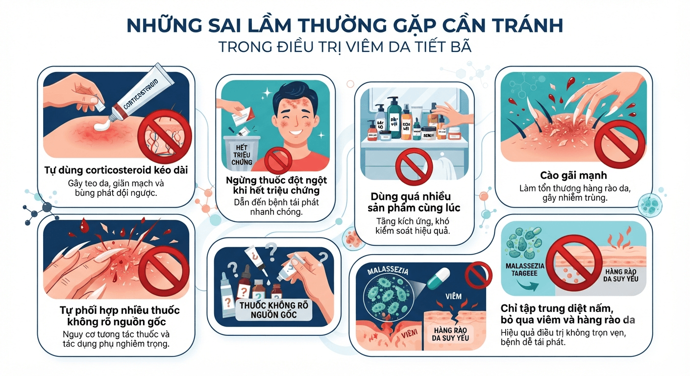 Infographic liệt kê các sai lầm thường gặp khi tự điều trị viêm da tiết bã tại nhà.