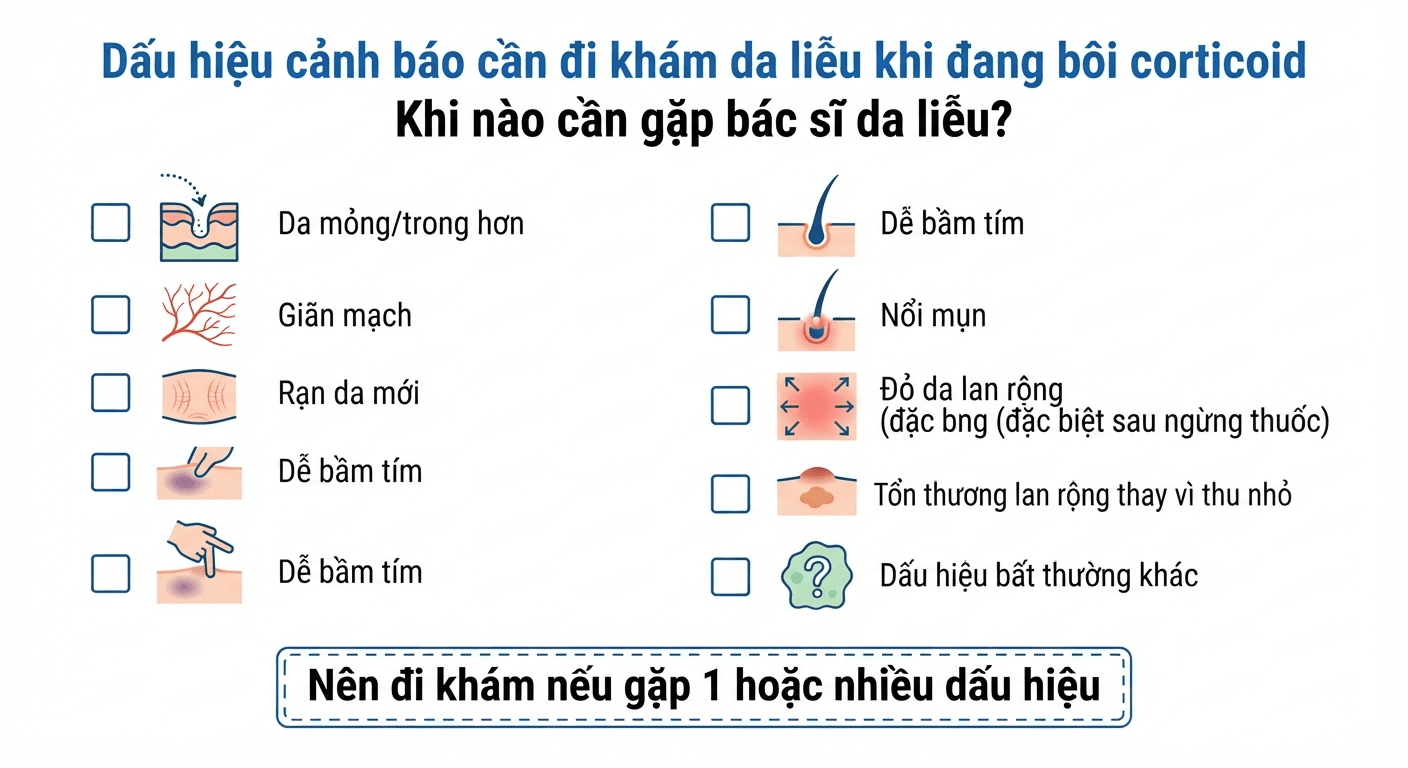 Checklist các dấu hiệu cảnh báo cần đi khám bác sĩ da liễu khi bôi corticoid lâu ngày