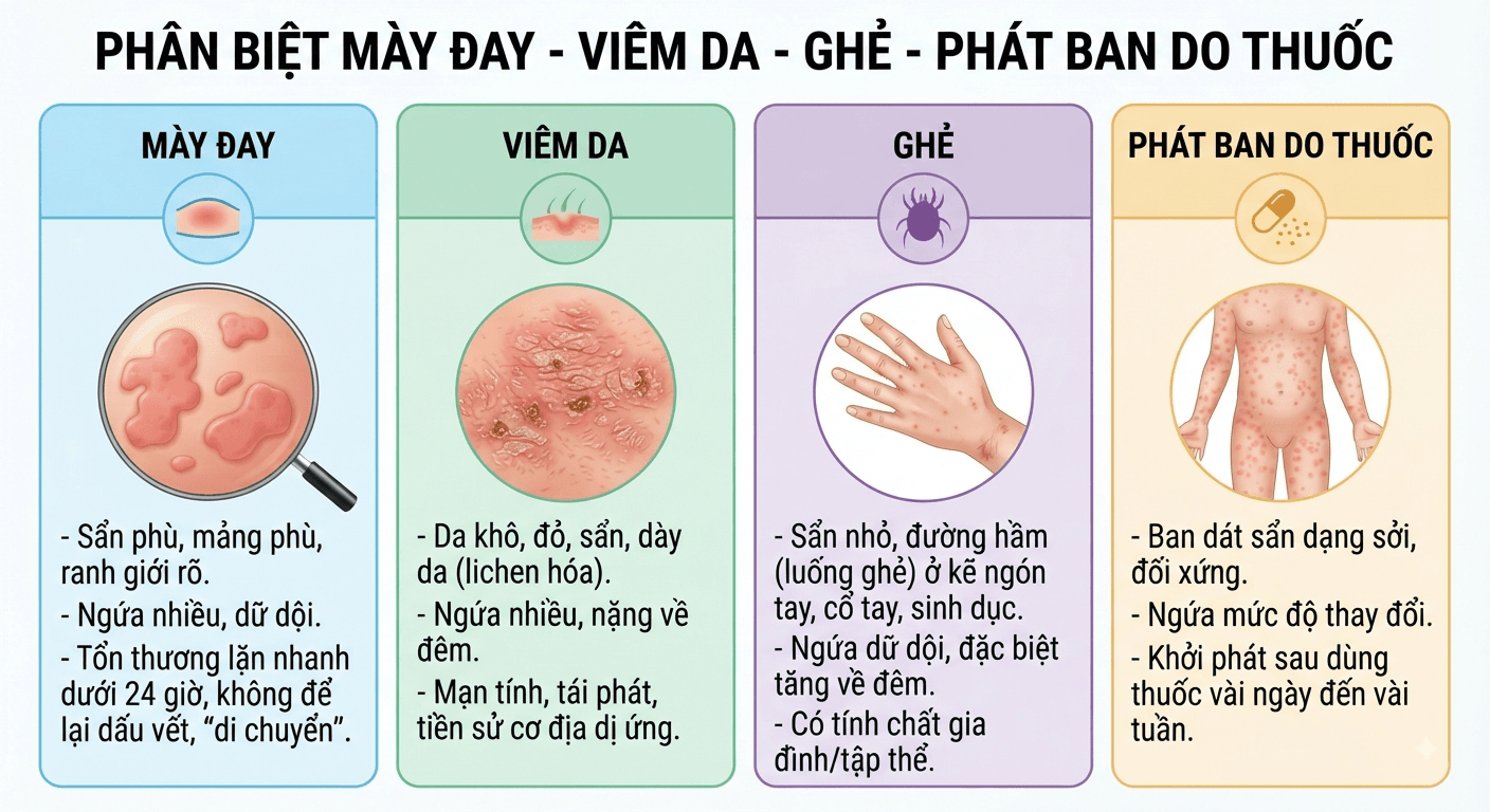 "Phân biệt mày đay - viêm da - ghẻ - phát ban do thuốc"