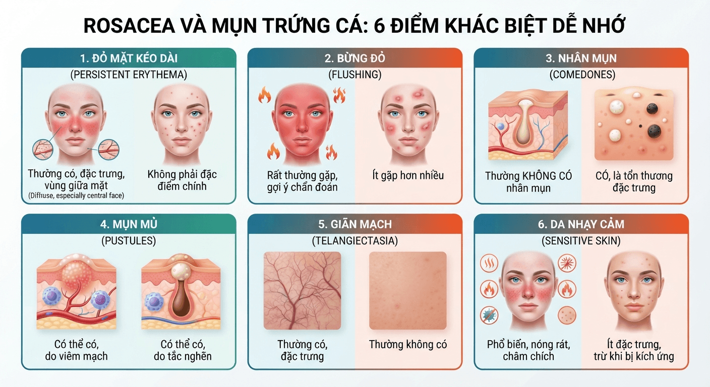 Rosacea và mụn trứng cá: 6 điểm khác biệt dễ nhớ