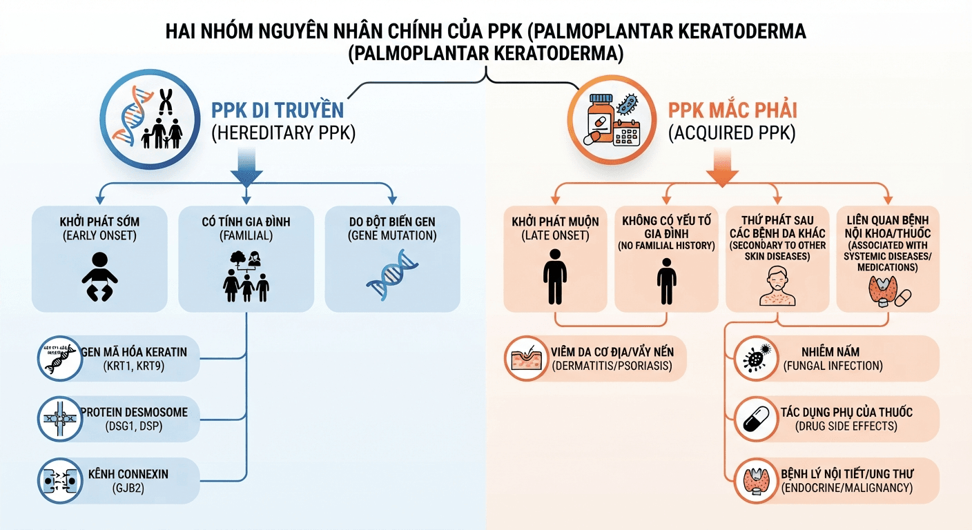 Sơ đồ phân loại hai nhóm nguyên nhân dày sừng lòng bàn tay bàn chân: di truyền và mắc phải