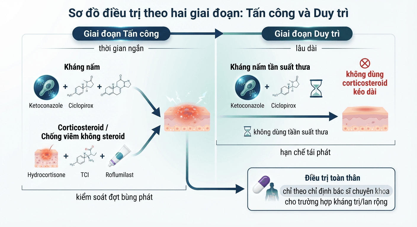 Sơ đồ hai giai đoạn điều trị viêm da tiết bã gồm giai đoạn tấn công và giai đoạn duy trì.