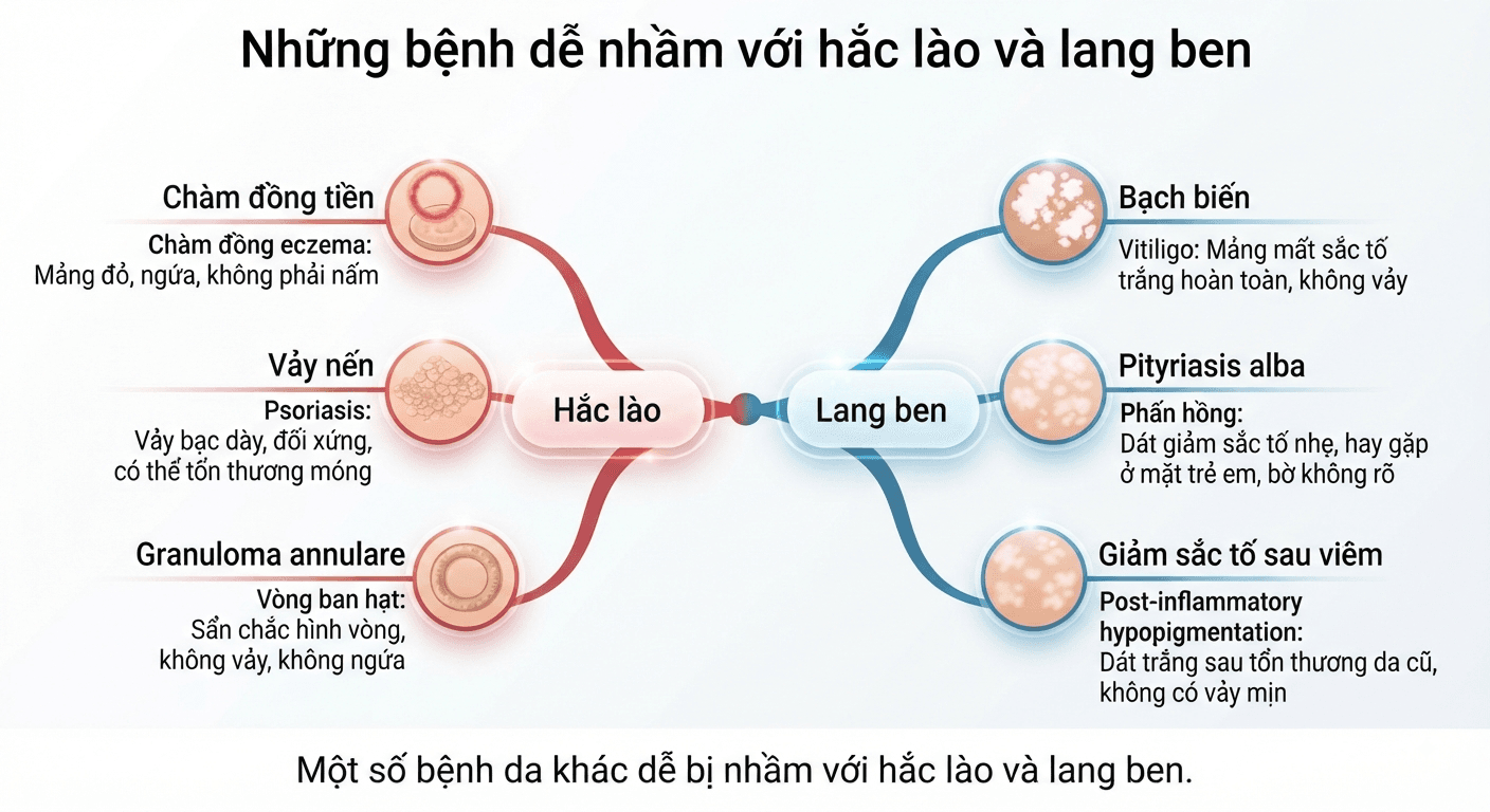 Sơ đồ các bệnh da dễ nhầm lẫn với hắc lào và lang ben như bạch biến, vảy nến, chàm đồng tiền.
