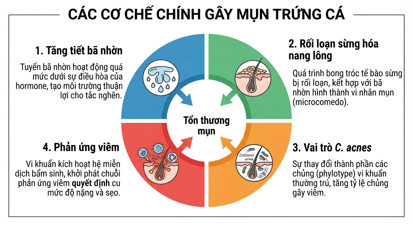 Sơ đồ bốn cơ chế bệnh sinh của mụn trứng cá: bã nhờn, sừng hóa, vi khuẩn C. acnes, viêm