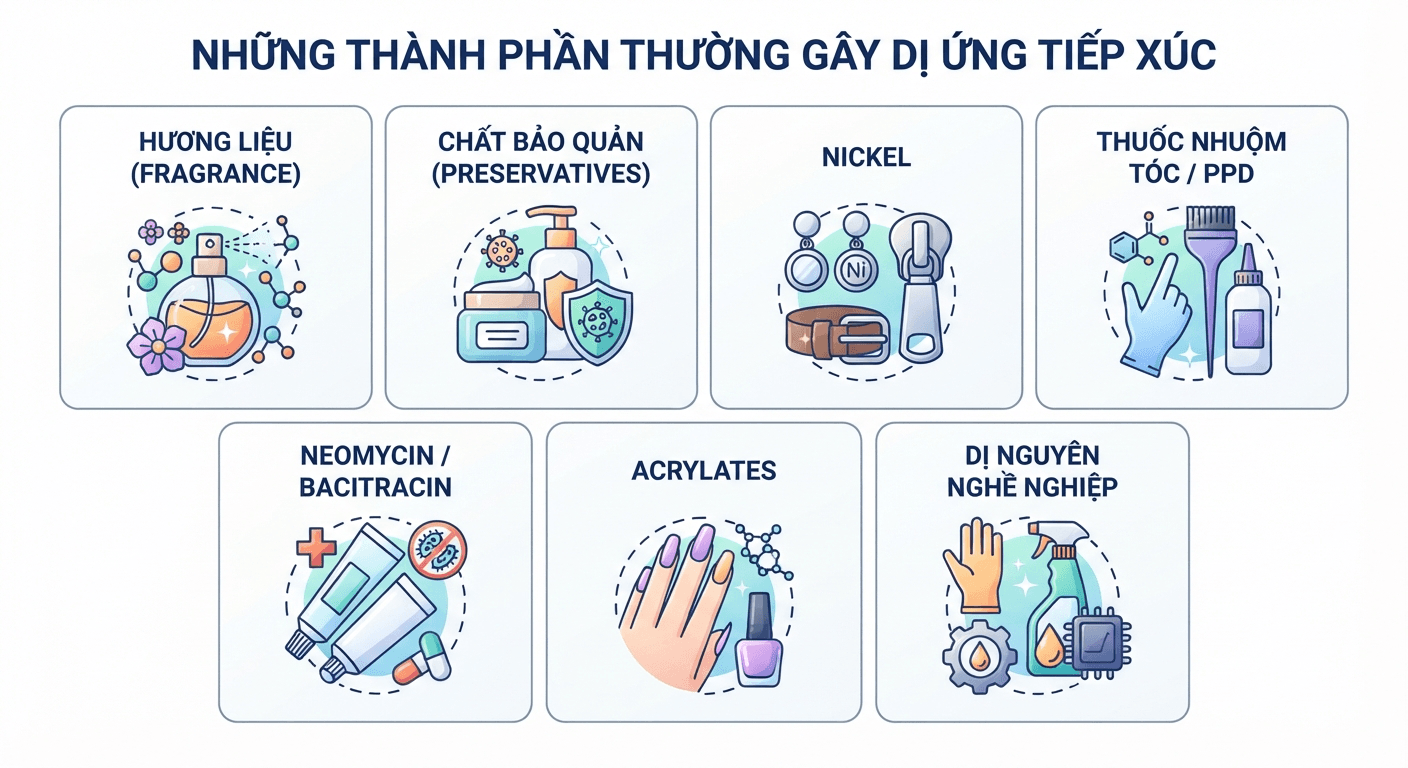 Infographic các thành phần thường gây dị ứng tiếp xúc: hương liệu, chất bảo quản, nickel, PPD, kháng sinh bôi, acrylate