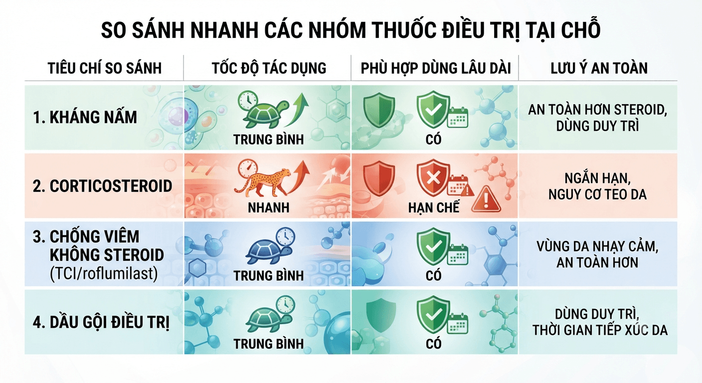 Bảng so sánh các nhóm thuốc điều trị viêm da tiết bã tại chỗ gồm kháng nấm, corticosteroid và thuốc không steroid.