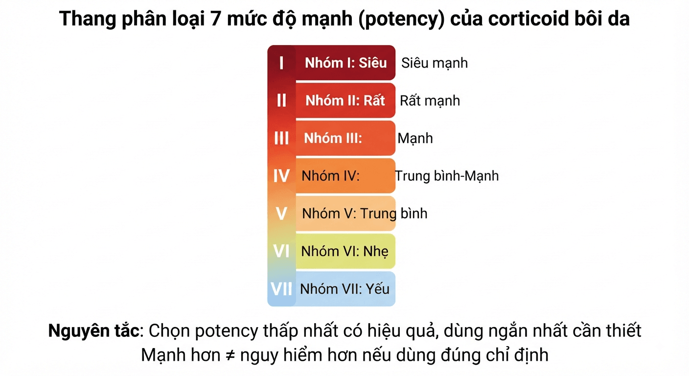 Thang phân loại 7 nhóm potency của corticoid bôi da từ mạnh đến yếu