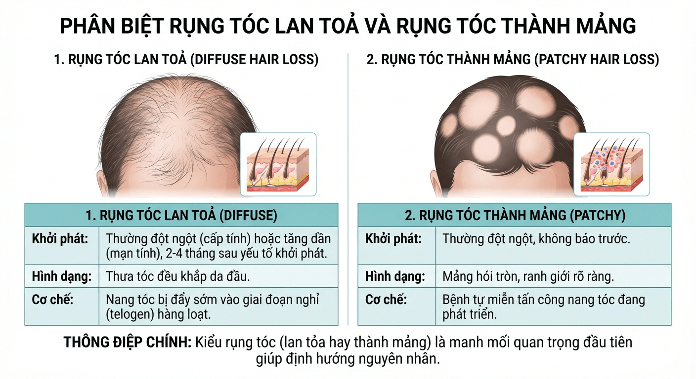 Phân biệt rụng tóc lan tỏa và rụng tóc thành mảng