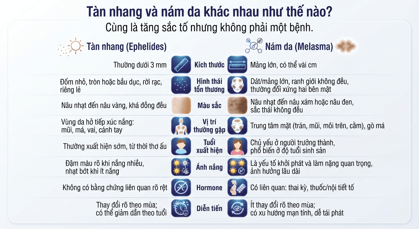 ● Bảng so sánh tàn nhang và nám da theo đặc điểm lâm sàng