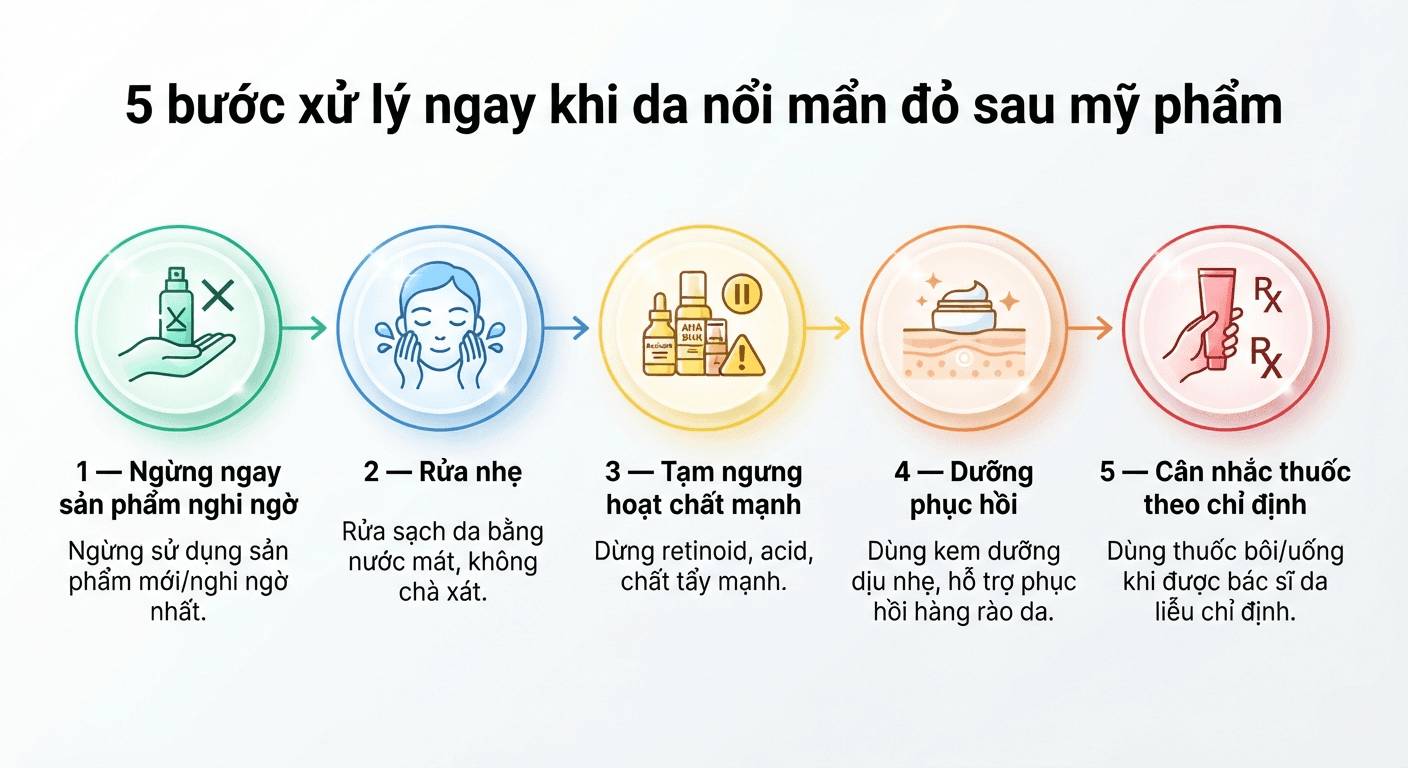 infographic các bước xử lý dị ứng mỹ phẩm nổi mẩn đỏ