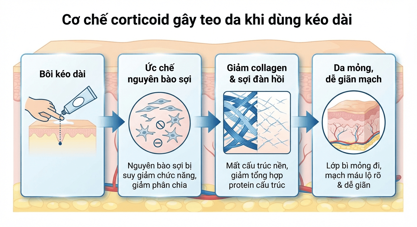 Sơ đồ cơ chế corticoid bôi da gây teo da do ức chế nguyên bào sợi
