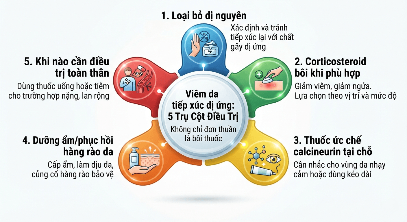 Infographic 5 bước điều trị viêm da tiếp xúc dị ứng: tránh dị nguyên, corticosteroid, calcineurin, dưỡng ẩm, điều trị toàn thân