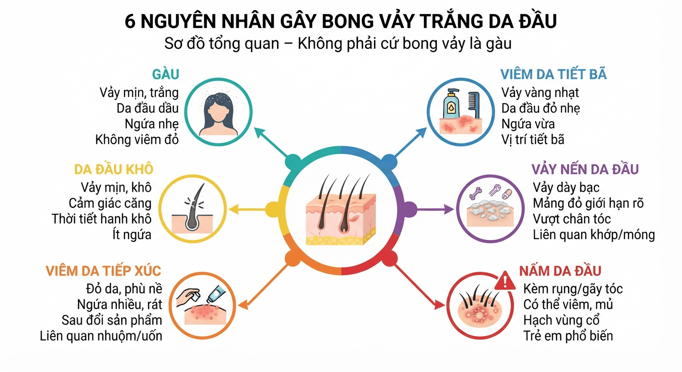 Sơ đồ "6 nguyên nhân gây bong vảy trắng da đầu"