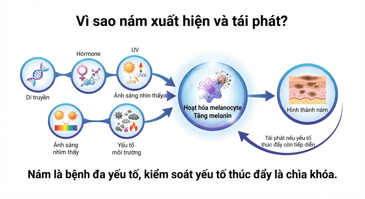● Sơ đồ cơ chế hình thành và tái phát của nám da