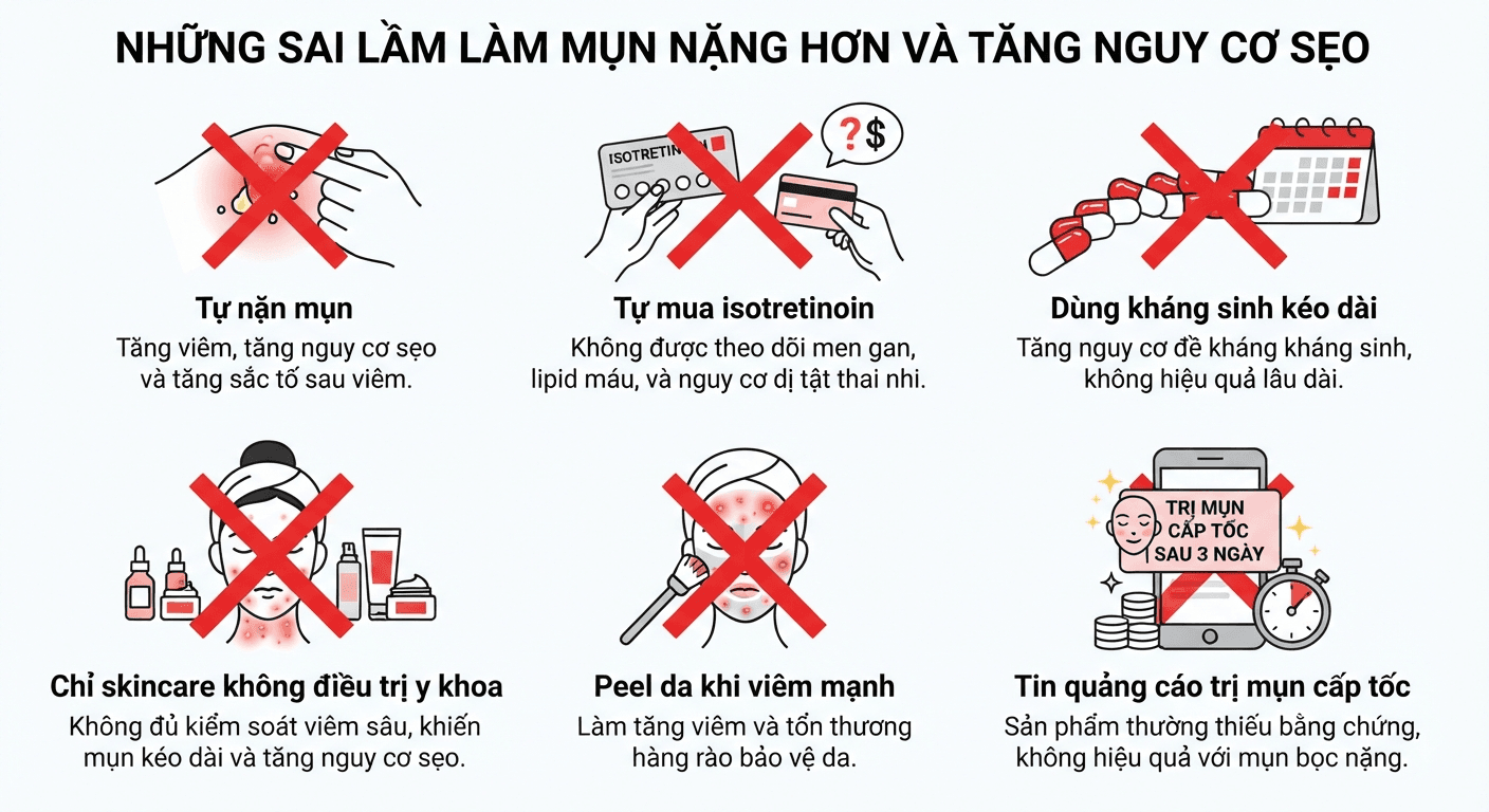 Infographic sáu sai lầm thường gặp khi điều trị mụn trứng cá bọc nặng