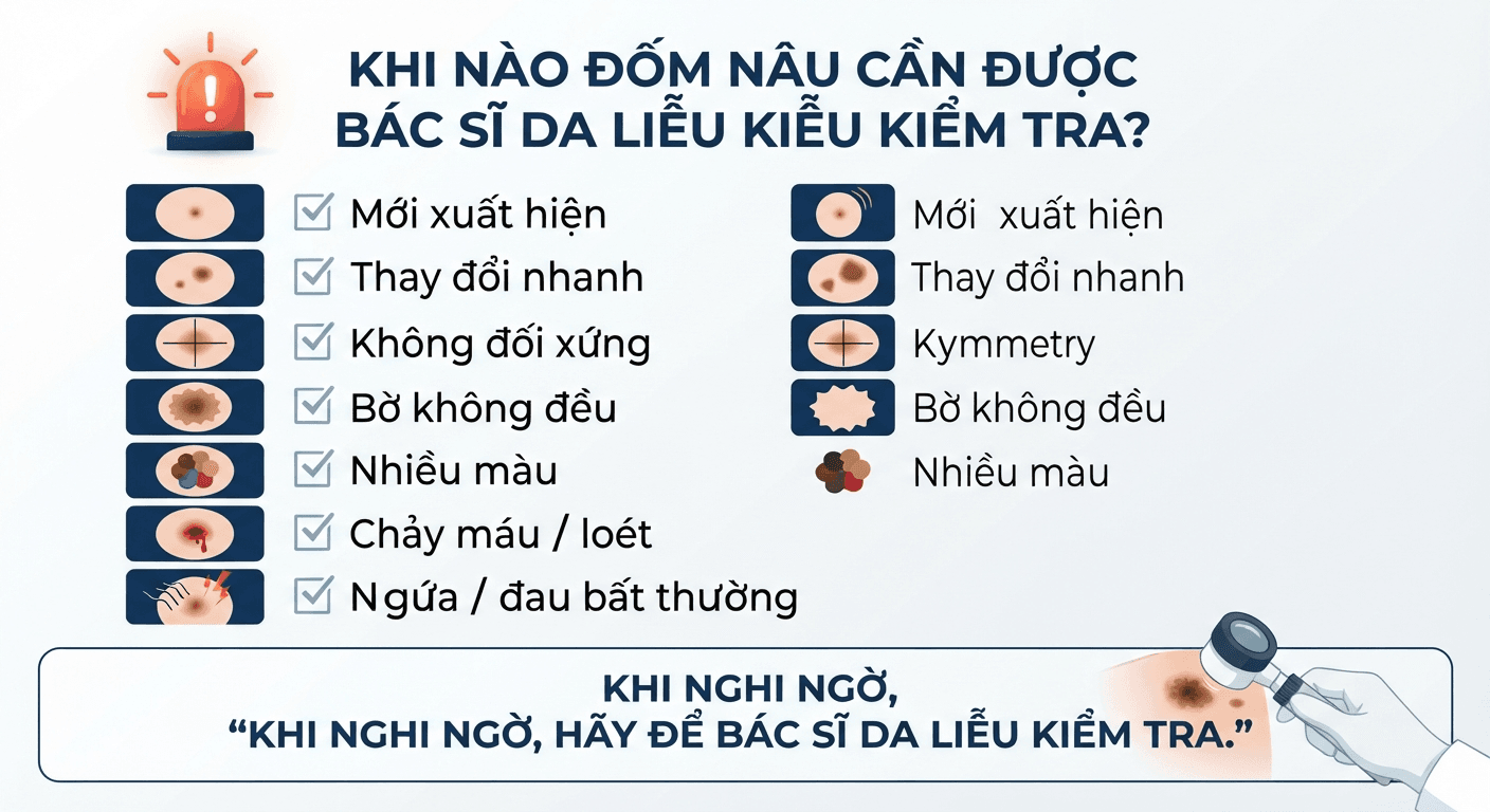● Dấu hiệu cảnh báo cần khám bác sĩ da liễu khi có đốm nâu trên mặt