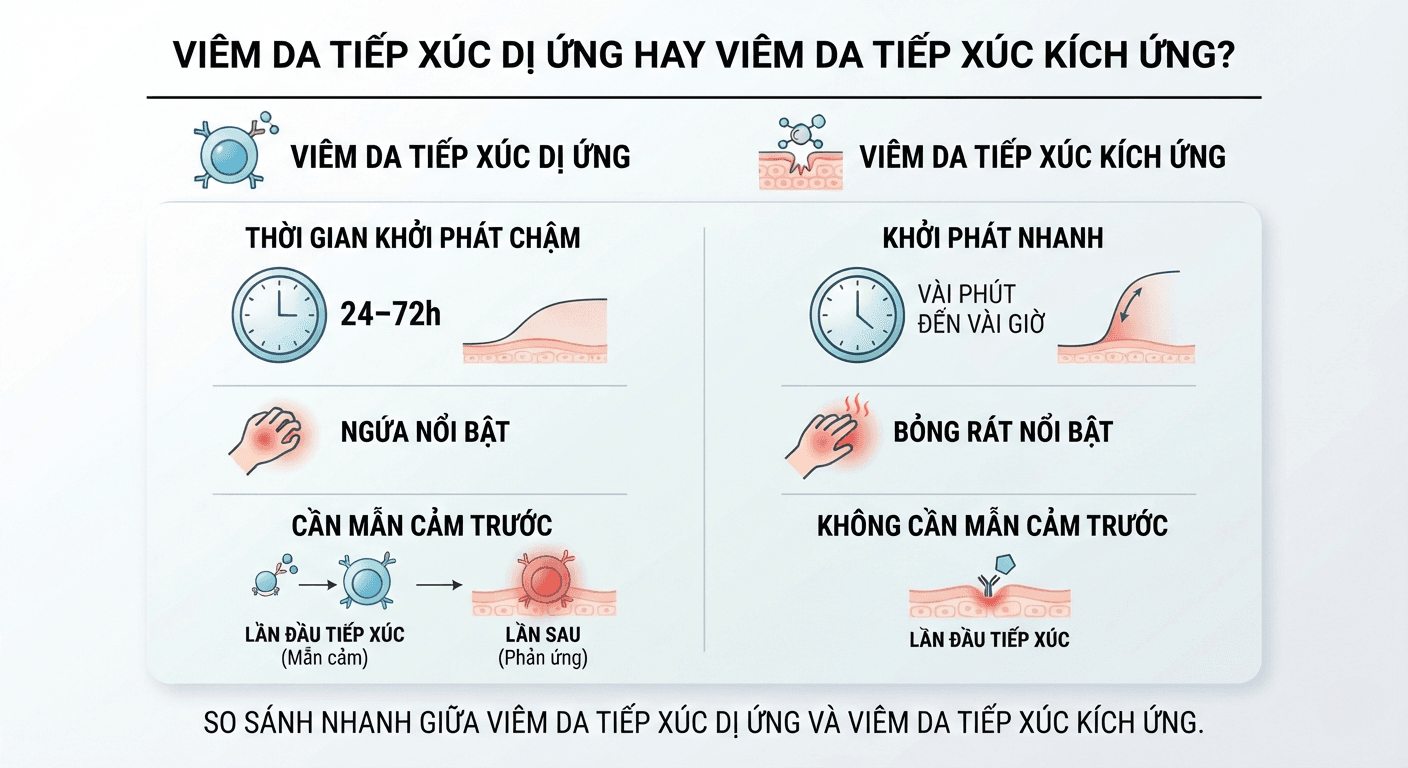 : Bảng so sánh viêm da tiếp xúc dị ứng và viêm da tiếp xúc kích ứng theo thời gian khởi phát và triệu chứng