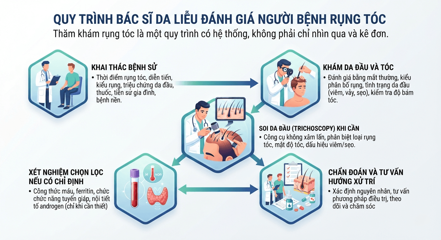Quy trình bác sĩ da liễu đánh giá người bệnh rụng tóc