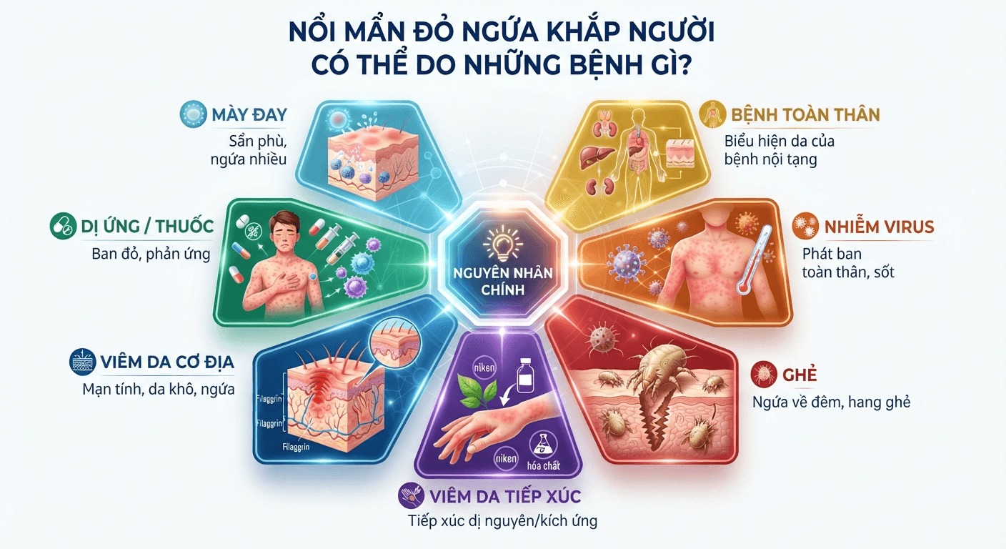 "Nổi mẩn đỏ ngứa khắp người có thể do những bệnh gì?"