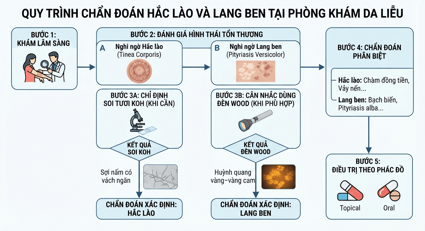 Sơ đồ quy trình chẩn đoán hắc lào và lang ben bằng soi KOH và đèn Wood.