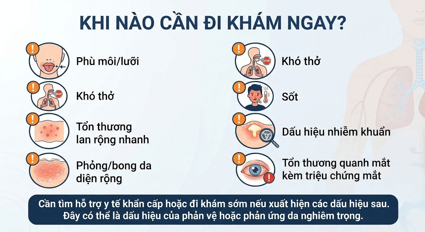 Infographic dấu hiệu cảnh báo cần khám ngay khi bị viêm da tiếp xúc dị ứng: khó thở, phù mặt, sốt, nhiễm khuẩn